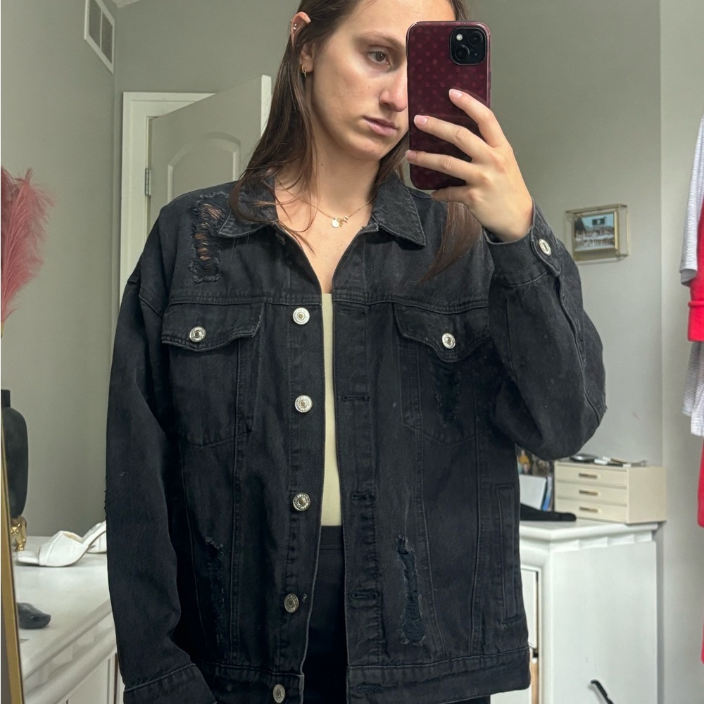 Forever 21 Black Distressed Denim Jacket - Oversized Fit